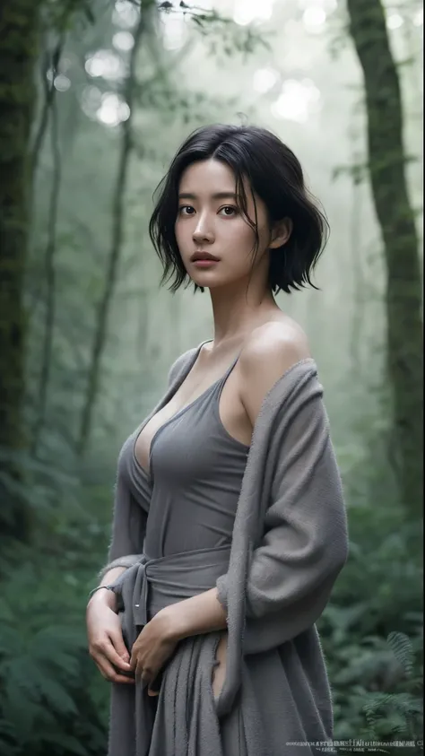 beautiful girl in gray robe standing in the dark forest, epic style, octane render, desert composition, beautiful face, hyperrealistic, oil on canvas, award-winning, masterpiece, trending on artstation, by Studio Ghibli