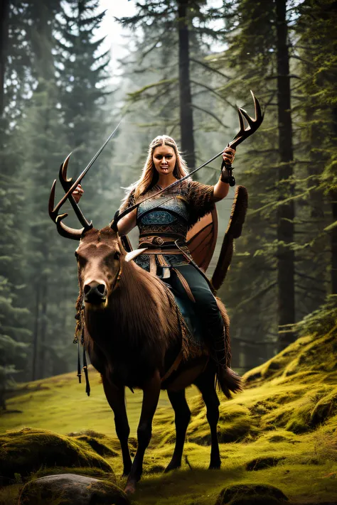 viking woman, riding elk, mystic forest, bow and arrow