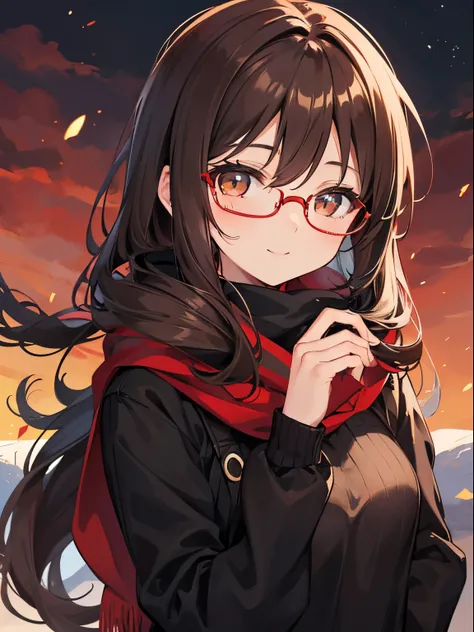 girl with,Brown hair,Amber eyes,length hair,top-quality,Red Frame Glasses,Pupils,Winters,Black sweater,Red muffler,Gentle smile,departure,setting off