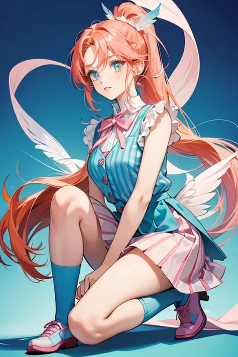 Bloom is a slightly fair-skinned girl with waist-length red-orange hair with a single small hair strand sticking up and large cyan eyes. she wears a pink shirt with blue and pink stripes under a blue vest with a pink skirt above her knees and blue socks. S...