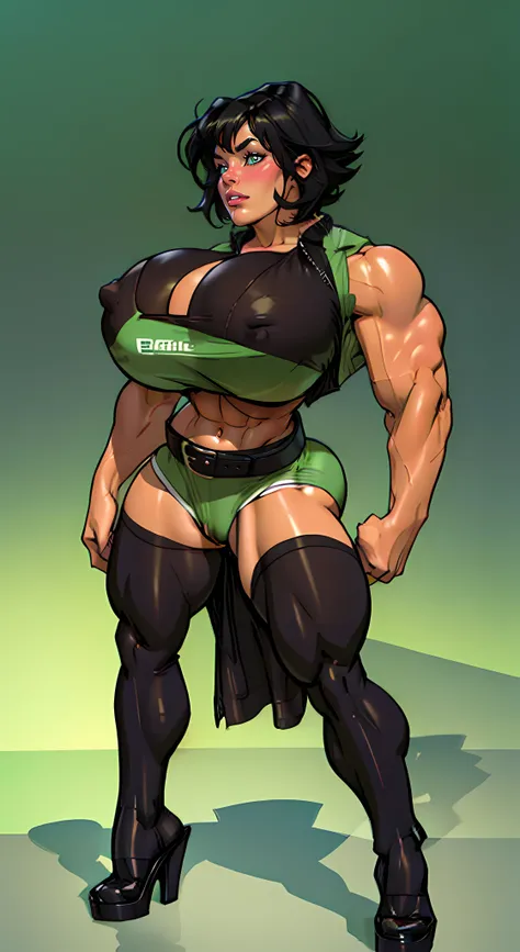 (buttercup)(black hair, green eyes, short hair, messy hair)(dress, light-green sleeveless dreslack belt, white thighhighs)(puffy lips:1.4), (((wide hips))), (((gigantic breasts:1.2))), ((Massive Bodybuilder)), masterpiece, (slendered abs:1.2) ,detailed , s...