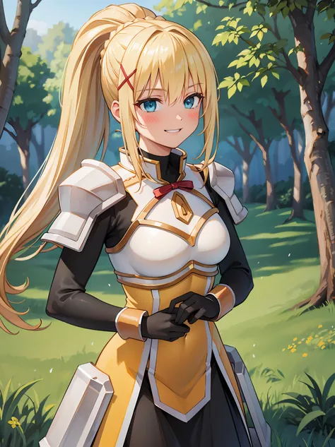 (in 8K, Raw photography, Best Quality, masutepiece: 1.2), high-definition RAW color photography, Professional Photography, Cinematic Light, (animesque:1.2), (1womanl), a blond, ((ksdarkness, ponytail, x hair ornament, armor, shoulder armor, bodysuit, black...