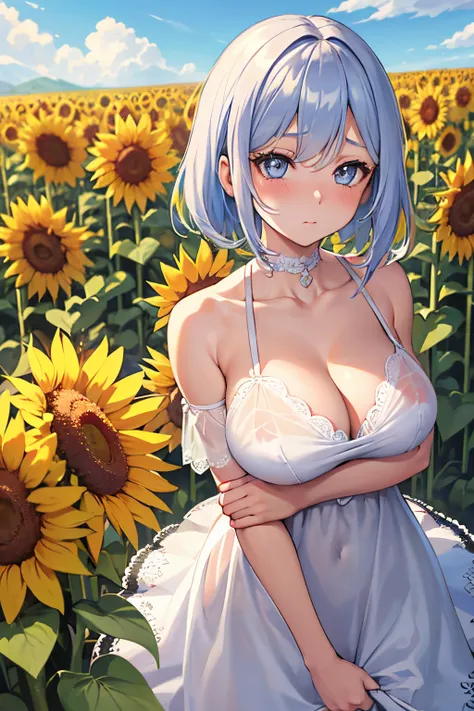 a picture of a girl in a field of flowers holding sunflowers, 1girl, sunflower, solo, flower, blue eyes, dress, outdoors, (((hugebreasts))), holding, looking at viewer, blush, collarbone, holding flower, cleavage, short hair, day, white dress, bangs, close...