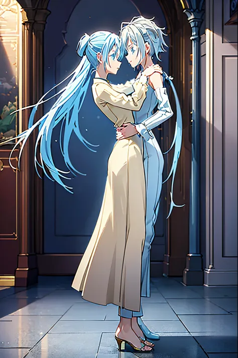 (best quality, ultra-detailed, highres, masterpiece:1.2), velzard and rimuru kissing passionately, standing in a luxurious room,...