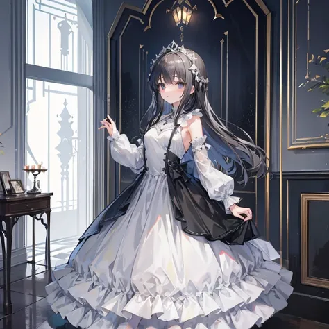 Arafe girl in a gray dress standing next to a chair, A dark-haired、mercury dress, sophisticated dress, Organic Dresses, Wearing elegant dresses, Wearing a formal dress, loli in dress, fancy silver dress, shy and demure, Dress, soft silk dress, girl with dr...