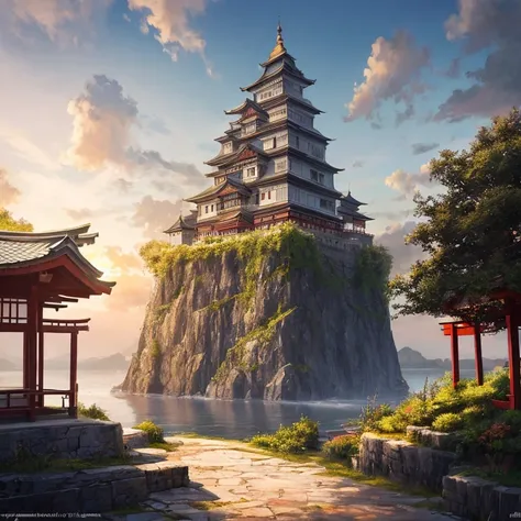 "A majestic castle on a floating sky island, Reminiscent of a Japanese-style fortress, suspenso acima de nuvens fofas, Aproveitando o brilho quente do sol, irradiando cores vibrantes. master part."