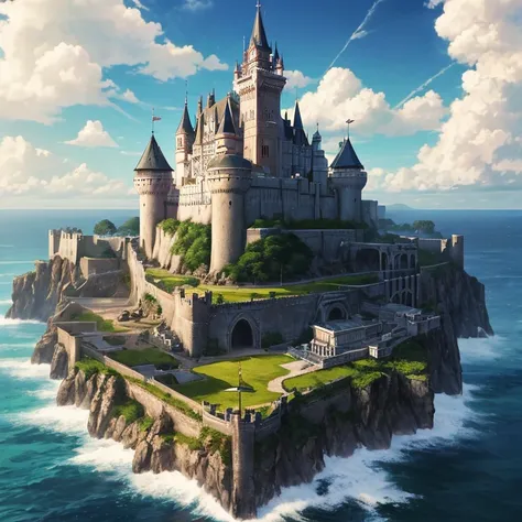 "A majestic castle floating on a sky island, reminiscente de uma fortaleza ao estilo da Inglaterra, suspenso acima de nuvens fofas, Aproveitando o brilho quente do sol, irradiando cores vibrantes. master part."