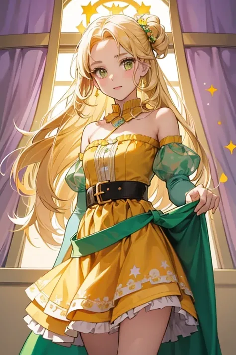 Stella is a lightly tan-skinned young girl with long blonde hair that stops below her waist and golden amber eyes. Stella wears an orange strapless dress with spiky white frills along both hems and small circular patterns that range from being in green, ye...