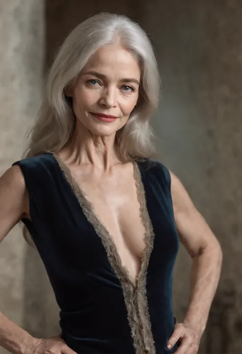 Three-quarter to full length nude photo of very thin anorexic skinny 78 year old actress, very long all white hair, very straight snow white braided hair, ice blue eyes, detailed eyes, extra large 36DD round tits in a lace push up bra under a brown vest, r...