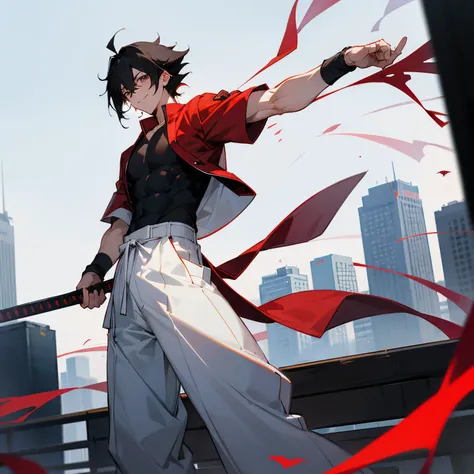 Yuichi Hair , Medium Length Hair, Black Hair , Spiky Hair , Black Eyes , Red Fitted Shortsleeve shirt , White Baggy Pants , White Wristbands , 1male , Muscular Build , Martial Arts Clothing , Modern City Background , Facing camera with hands at sides , Con...