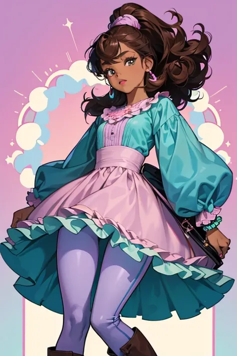 Aisha is a dark-skinned girl with a medium brown complexion, long, curly mahogany brown hair, and cerulean eyes. She has very full lips, and often she uses pink lipstick.  Aisha dons a bejeweled lavender long-sleeved shirt with a teal blue flowing skirt, g...