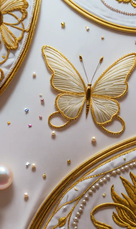 （(ultra - detailed, actual:1.37)） Colored lines, Silver thread embroidery on white background、gold thread embroidery：embroidered a butterfly on silk, vibrant with colors, delicate wings, Decorate with pearl-like beads,