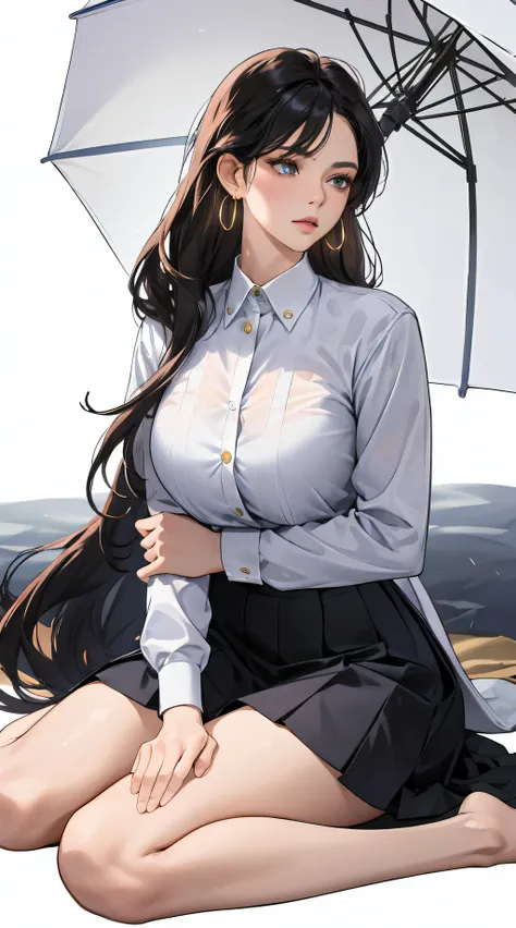 (best quality:1.5, highres, UHD, 4K, detailed lighting, shaders), hair, gradient hair, large breasts, transparent suit, transparent shirt, transparent social shirt, short skirt, mature woman , (pov), white background, colorful eyeshadow, dramatic lighting,...