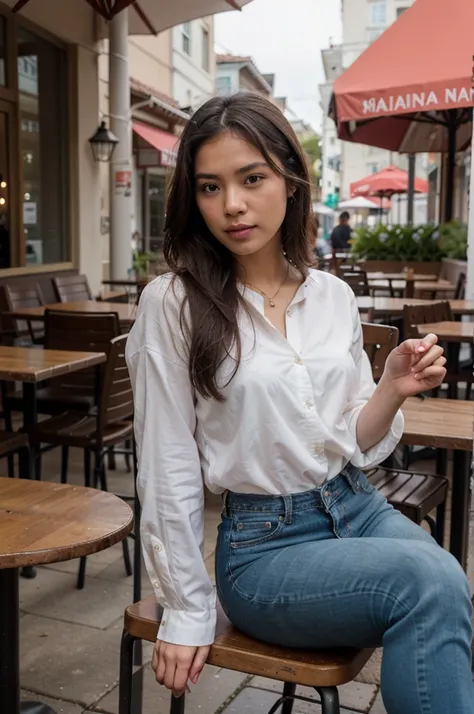 filipina, brown skin, outdoor, in a cafe, sitting, jeans, blouse