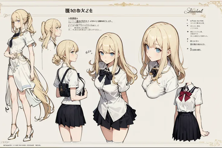 shcool uniform，Stockings，Short black skirt，White top，Fashion leather shoes， popular colors，（character design sheet，facefront，backfacing，Lateral face，Same character），The background is ，long golden hair，small nipple，schoolgirl，Thick eyebrowig breasts thin wa...