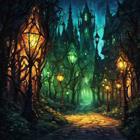 Streetlights of iron and crystal in a summer elven city glowing brightly as shadows gather, in spectral art style