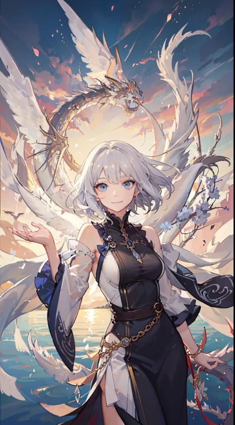 (Sheer and revealing white fluffy outfit:1.3, ),(Angel with glass wings floating on lake:1.3), (Dragon protecting a girl behind:1.3),Glossy light brown and orange striped shorthair,Cute smile,Perfect round face,A cheerful smile that makes the viewer happy,...