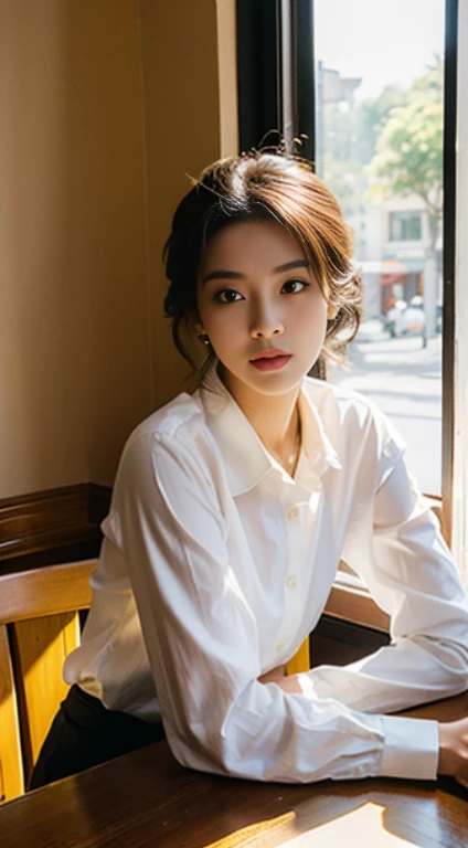 Sitting at a table in a café、sunlight streaming through window、A vietnamese  Lady,, Dynamic Pose, Skin Texture,, Shiny skin, (slim, Petite:1.2), [:(sharp focus on face, Detailed face, Perfect eyes, view the viewer:1.2):0.2], Photorealistic, film grains, Be...