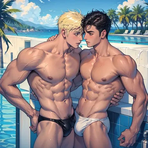 Swimmers kissing, gay, two men, swimsuit, toned abs, athletic figure, public shower, male swimsuit, yaoi, male/male, masculine swimsuit, shirtless, wet,