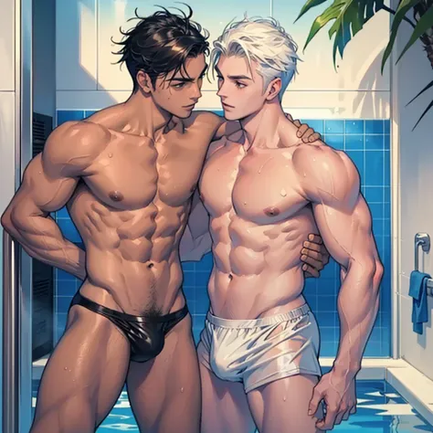 Swimmers kissing, gay, two men, swimsuit, toned abs, athletic figure, public shower, male swimsuit, yaoi, male/male, masculine swimsuit, shirtless, wet,