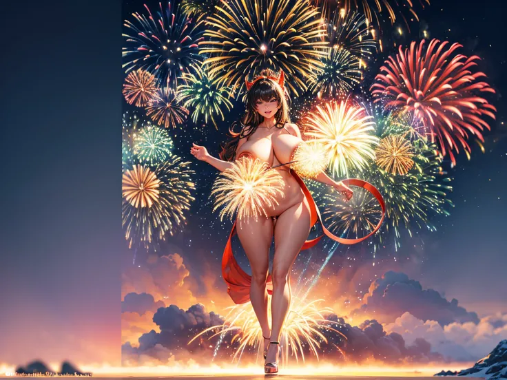 Zoom in to witness 3D numbers exploding like fireworks in a breathtaking New Years display. Make this a mathematically mesmerizing celebration. enormous tits, (full body:1.5)