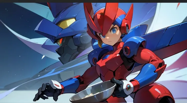 Based on the design of the megaman x game series, a reploid prepared for combat but also for cooking.