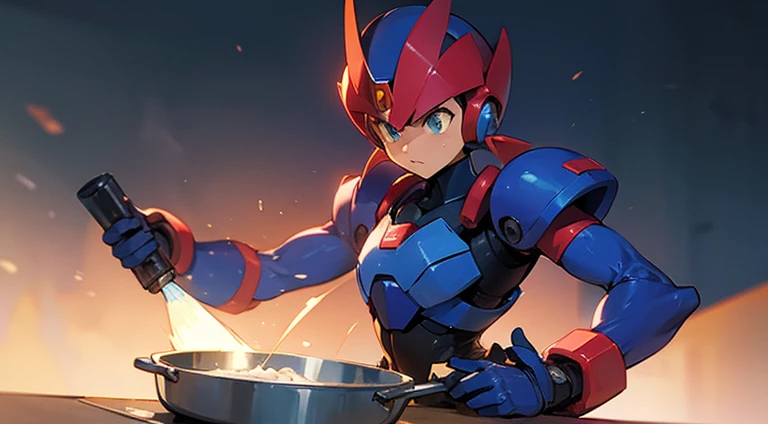 Based on the design of the megaman x game series, a reploid prepared for combat but also for cooking.