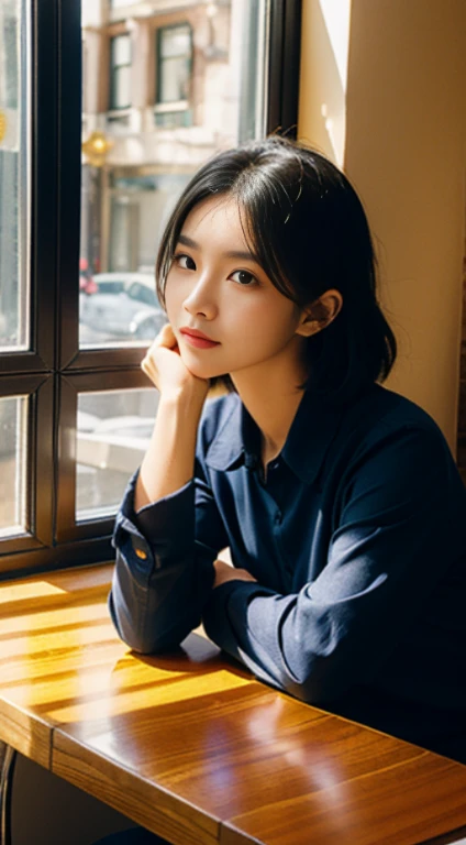 Sitting at a table in a café、sunlight streaming through window、A vietnamese  Lady,, Dynamic Pose, Skin Texture,, Shiny skin, (slim, Petite:1.2), [:(sharp focus on face, Detailed face, Perfect eyes, view the viewer:1.2):0.2], Photorealistic, film grains, Be...