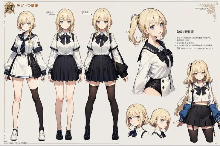 shcool uniform，stockings，short black skirt，white top，fashion leather shoes， popular colors，（character design sheet，facefront，bac...