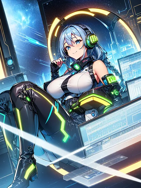 ​masterpiece:1.4, 1girl in ((20yr old, wearing a tight, futuristic metallic gray bodysuit,long boots, huge-breasted, blue hair, ...