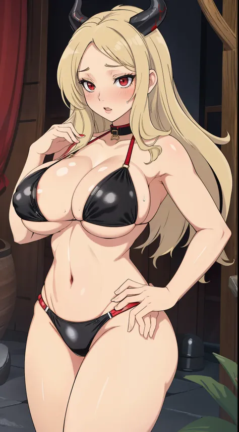 Red_eyes, blond_hair, standing, solo, huge_breasts, blush, black bikini, masterpiece, best quality, detailed eyes, highres, sexy, scandalous pose, gigantic breast, covered nipples, ErectNnipples, horny, attractive,