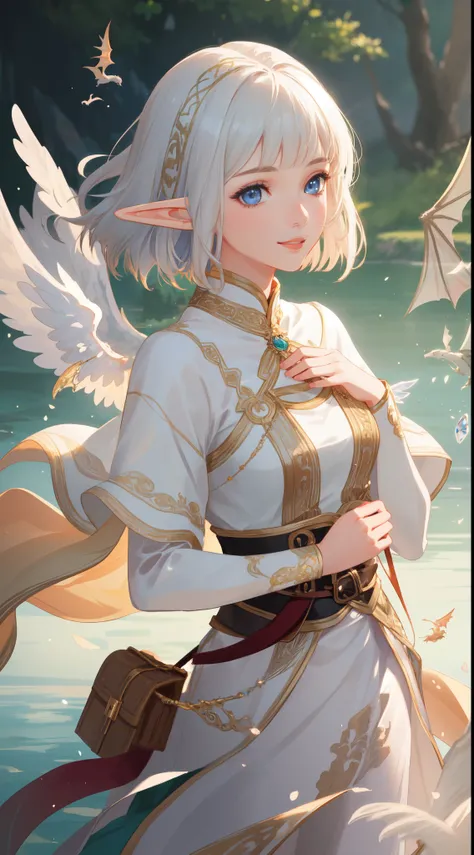 (((masterpiece, best quality))), (Sheer and revealing white fluffy outfit:1.3, ),(Angel with glass wings floating on lake:1.3), (Dragon protecting a girl behind:1.3),Glossy light brown and orange striped shorthair,Cute smile,Perfect round face,A cheerful s...