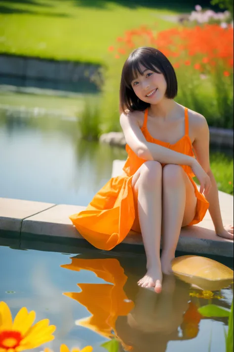 (masterpiece, best quality:1.3), 1girl, pretty girl, asian girl, high resolution, orange skirt, barefoot, close-up, facing viewer, pool, pond, summer, many flowers, bright light,