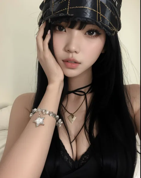 Arafed woman with long black hair wearing a hat and a necklace, cruel korean goth girl, Ulzzang, wearing a chocker and cute hat, Ela tem cabelo preto com franja, linda mulher coreana jovem, menina coreana, Xision Wu, 18 anos, Jinyoung Canela, Jisoo do Blac...