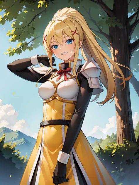 (in 8K, Raw photography, Best Quality, masutepiece: 1.2), high-definition RAW color photography, Professional Photography, Cinematic Light, (animesque:1.2), (1womanl), a blond, ((ksdarkness, ponytail, x hair ornament, armor, shoulder armor, bodysuit, black...