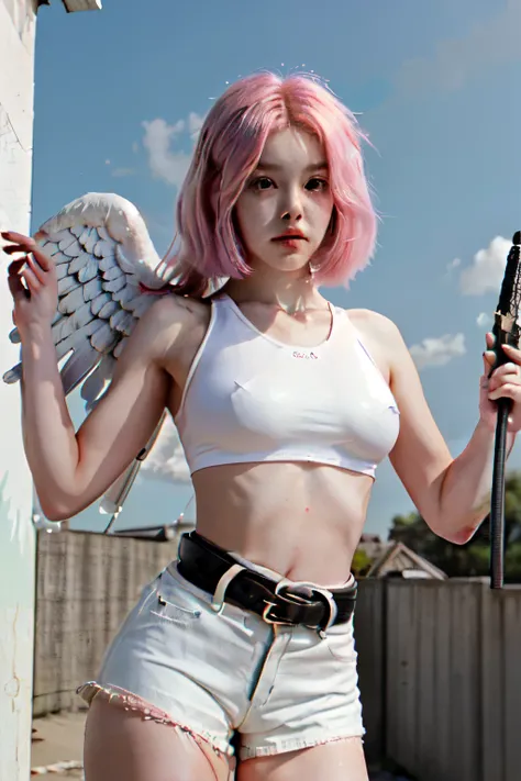 she is a anime cartoon, painting, illustration, ( high qulity) hd quality, normal quality:4) she has a flaming katana sword, she is jumping in the sky, she has angel wings, she is a female 25-yrs-old, she is wearing white knee high boots, white leather boo...