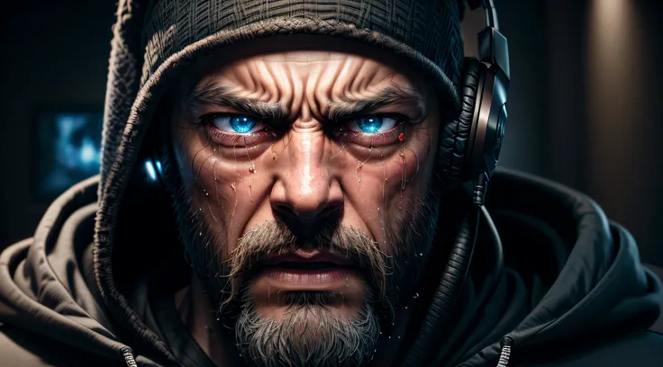 "(ultra-detailed CG unity 8k wallpaper, masterpiece, best quality, depth of field, HDR, intricate), cap, gaming headset, (((gaming room))), (The expression was very angry), hooded, beard, extreme close up view, (crying:1.2)