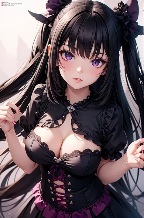 kuromi, black hair, purple, cute anime girl, nsfw, digital illustration, vibrant colors, soft lighting, perfect face, absurdres, ultrasharp, 8K, risque pose, long hair, lolita dress, gothic