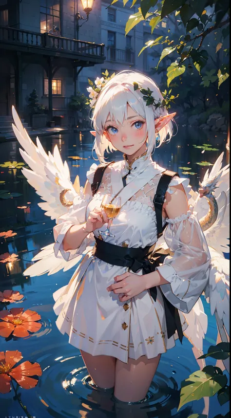 (((masterpiece, best quality))), (Sheer and revealing white fluffy outfit:1.3, ),(Angel with glass wings floating on lake:1.3), (Dragon protecting a girl behind:1.3),Glossy light brown and orange striped shorthair,Cute smile,Perfect round face,A cheerful s...