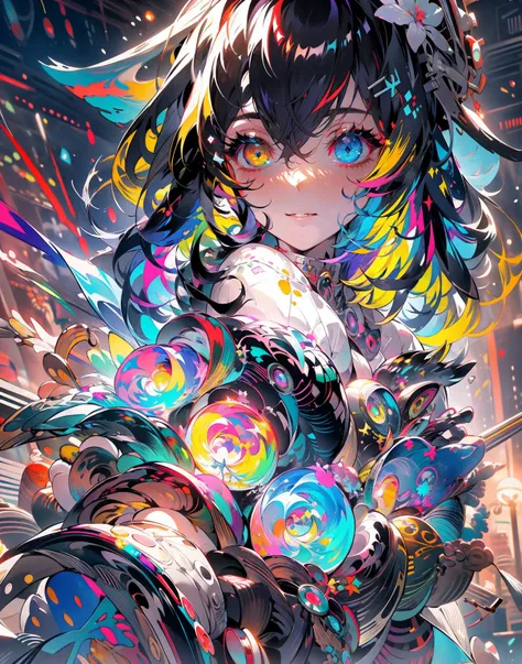 {{masterpiece}}, best quality, extremely detailed CG unity 8k wallpaper, cinematic lighting, lens flare, beautiful detail eyes, black,  side glance,  multicolor hair, colorful light, particles, heterochromia, (colorful:1.5), (colorful hair:1.5),