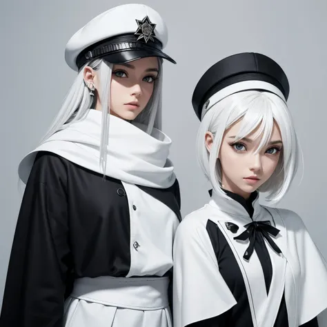 Garoto estilo anime, com cabelo curto branco, olhos preto, um tapa olho branco como se fosse um remendo no olho direito, brincos de metal, a police style hat without a star and a white outfit and a white cape