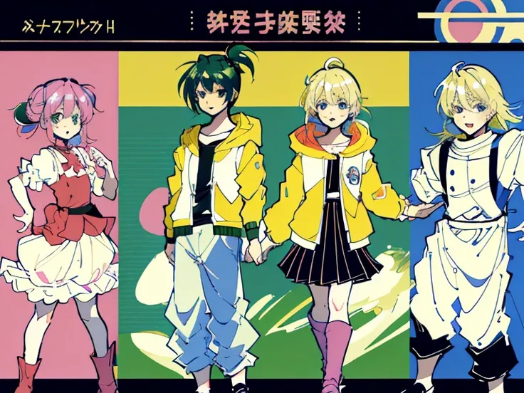 supreme， green down jacket，lime color hair，pink eyes，Standing on your feet，submachine gun，Detailed Genshin graphics，anime character design，anime concept art，pretty anime character design，anime character reference sheet，[Character design]，1girl in, ((Charac...