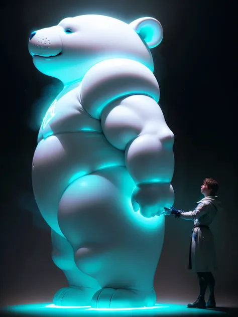 there is a large white bear that is lit up in the dark, it glows from the outside, glowing guy creature, lit from behind, light art, cartoony lighting, adorable glowing creature, with glowing blue lights, interesting lights, with blue light inside, a creat...