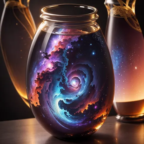 An extraordinary masterpiece that captures the essence of a nebula in a seemingly ordinary glass bottle. Rendered in stunning 8k resolution, This piece is very detailed, Demonstrate impeccable quality that really makes a difference, (fundo da meia-noite)