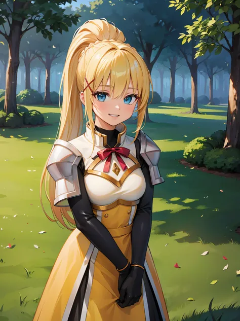 (in 8K, Raw photography, Best Quality, masutepiece: 1.2), high-definition RAW color photography, Professional Photography, Cinematic Light, (animesque:1.2), (1womanl), a blond, ((ksdarkness, ponytail, x hair ornament, armor, shoulder armor, bodysuit, black...