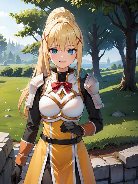 (in 8K, Raw photography, Best Quality, masutepiece: 1.2), high-definition RAW color photography, Professional Photography, Cinematic Light, (animesque:1.2), (1womanl), a blond, ((ksdarkness, ponytail, x hair ornament, armor, shoulder armor, bodysuit, black...