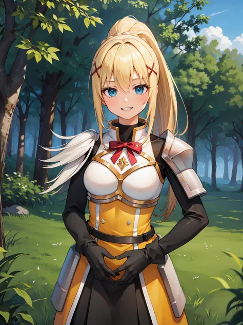 (in 8K, Raw photography, Best Quality, masutepiece: 1.2), high-definition RAW color photography, Professional Photography, Cinematic Light, (animesque:1.2), (1womanl), a blond, ((ksdarkness, ponytail, x hair ornament, armor, shoulder armor, bodysuit, black...
