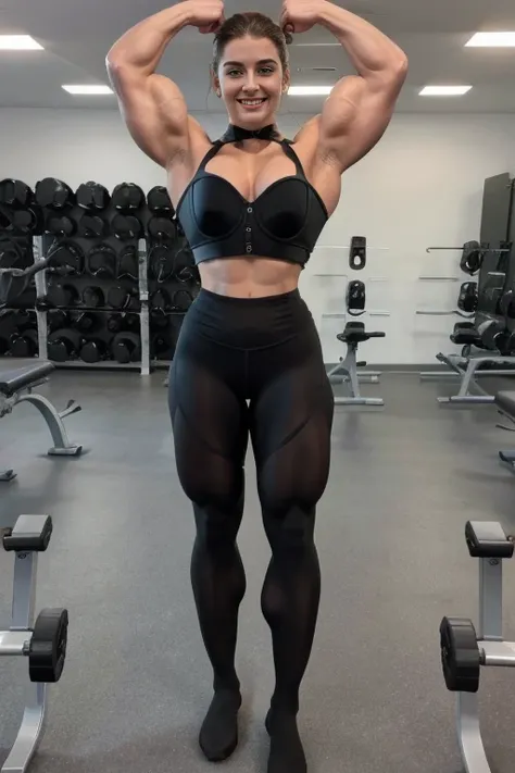 A heavily muscled iffb pro bodybuilder Tiffany Amber-Thiessen , wearing a corset halter crop top, oil glossy compression pants shiny stretchy sports tights.