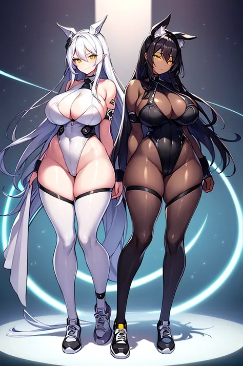 2girls, dark skin, dark-skinned female, white hair, black hair, long hair, yellow eyes, large breasts, breasts, wide hips, smug, smirk, smile, bodysuit, black bodysuit, pantyhose, black pantyhose, shoes, sneakers, futuristic, tech, science-fiction, neon tr...