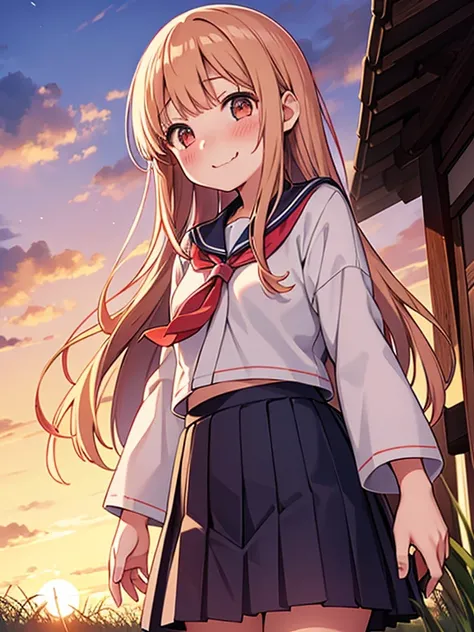 standing, 1girl, sunset, japanese school uniform ,blush, embarrassed, sunset, outdoors, evening, grass, dusk, twilight, from below, smile, wavy mouth, real cunt,